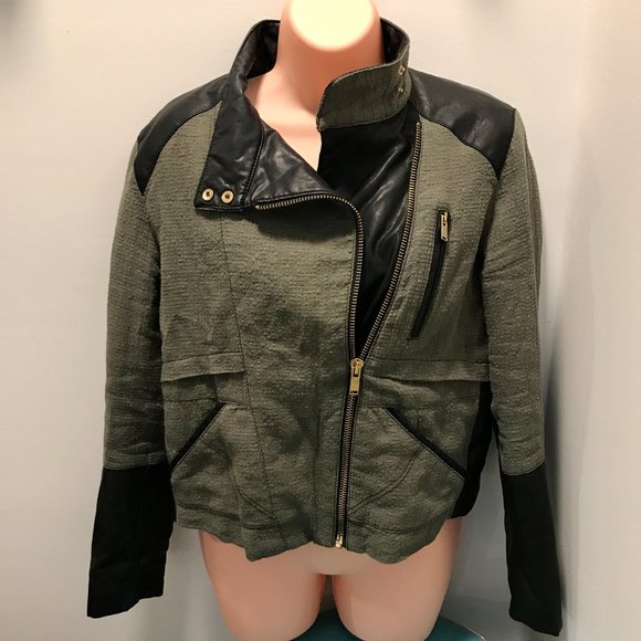Zara Moto Jacket Women's L Asymmetrical Olive Green Black Sleeve Gold Zip Spring - Picture 3 of 10